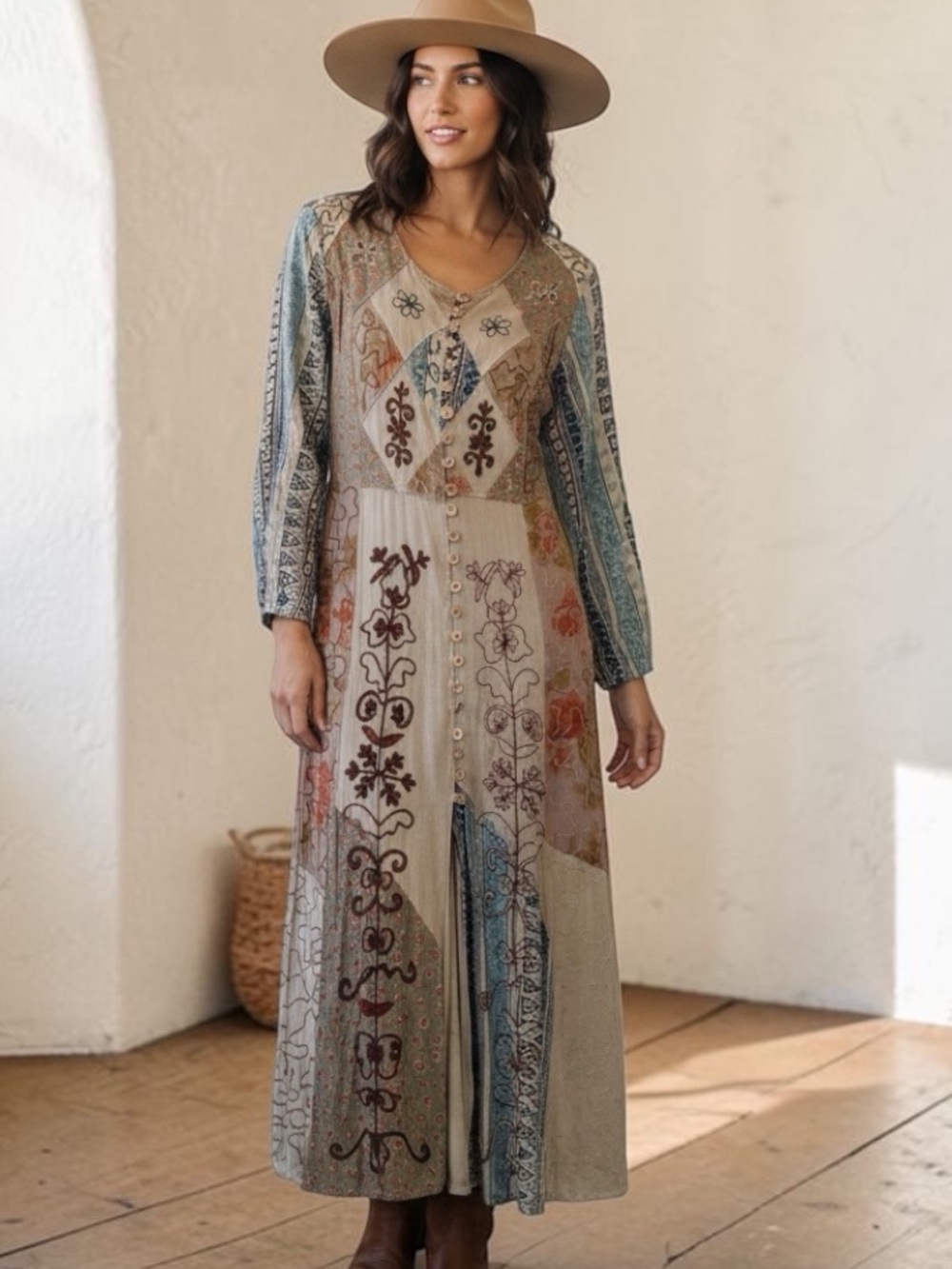 0118. Young Threads Boho Patchwork V-Neck Midi Dress in Beige Multi